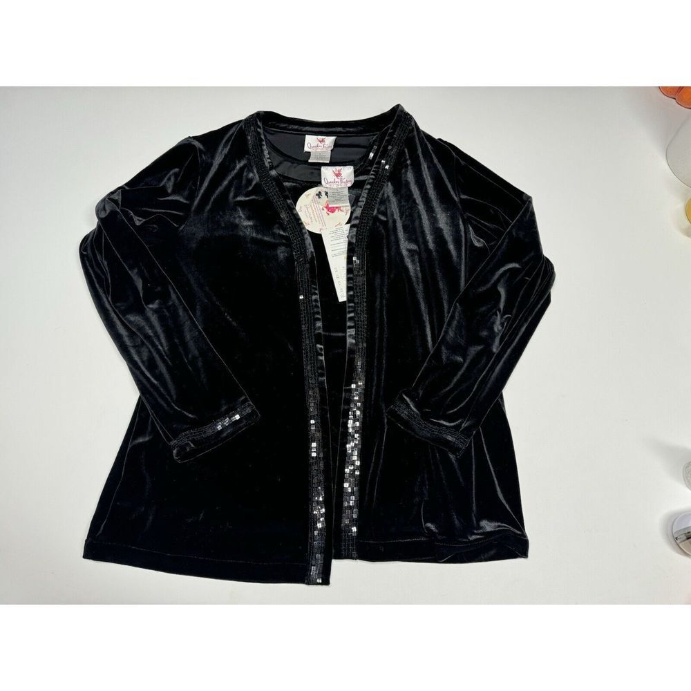 Quacker Factory Jacket Top Set Womens L Black‎ Velvet Sequins Evening Formal New